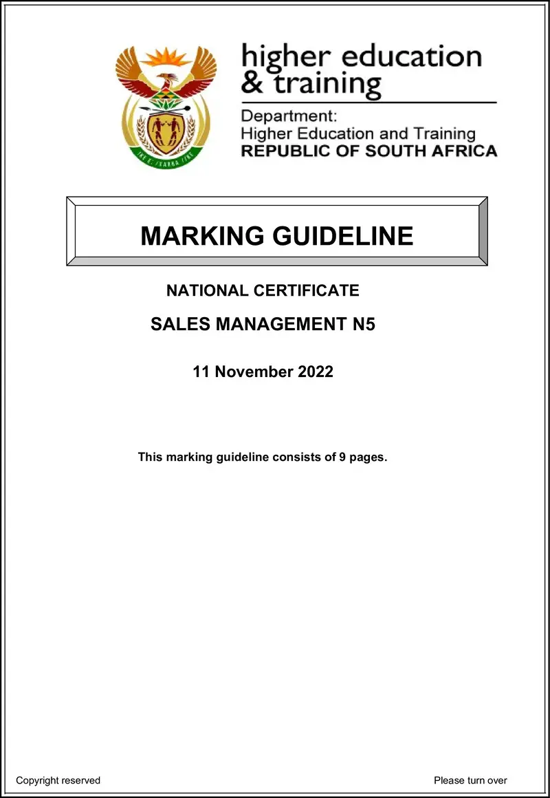 Sales Management N5 Nov Memo 2022