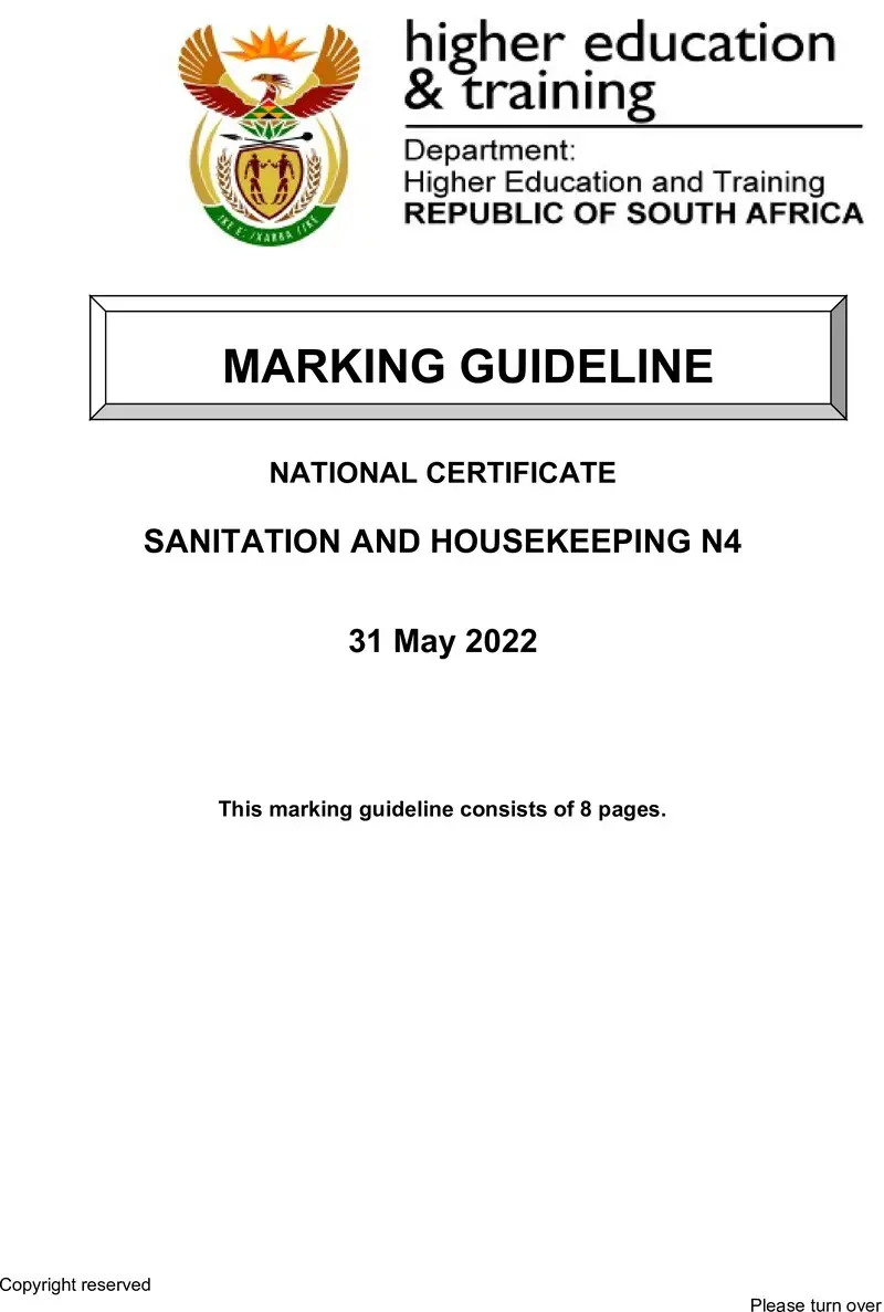 Sanitation And Housekeeping N4 Memo June 2022