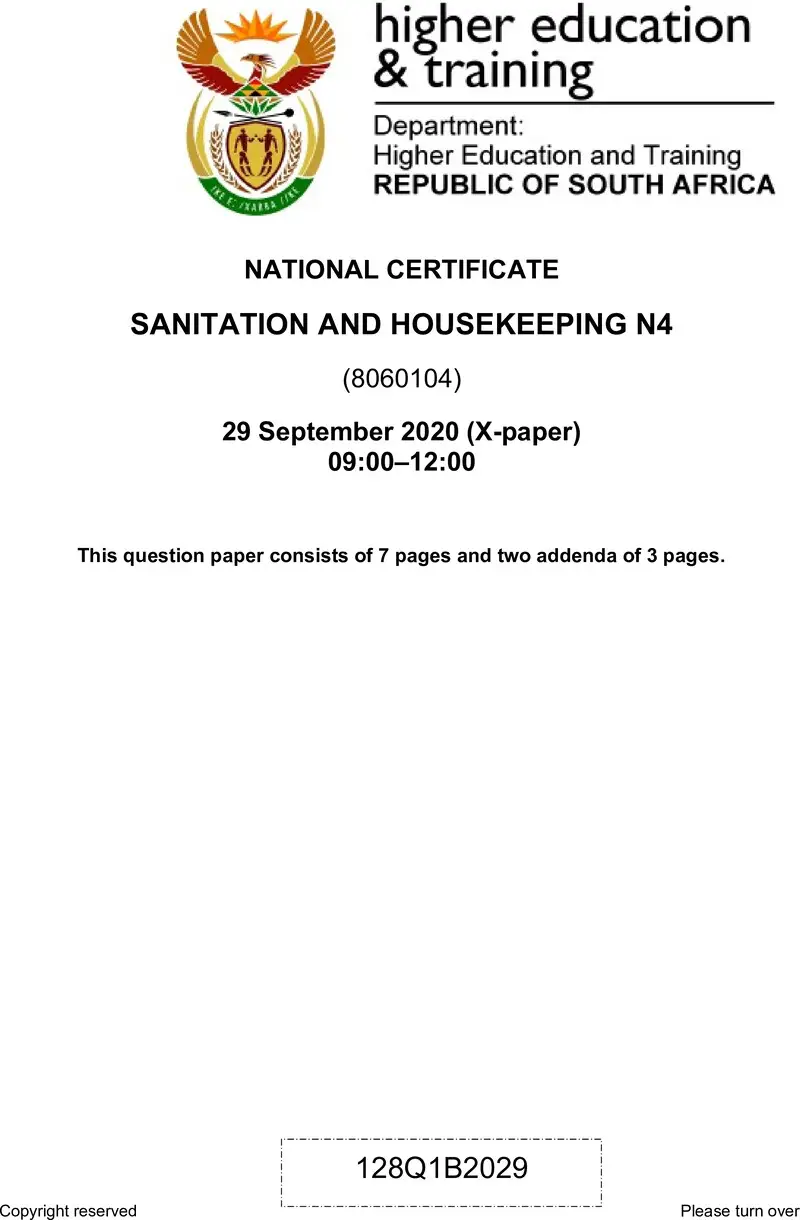 Sanitation And Housekeeping N4 QP June 2020