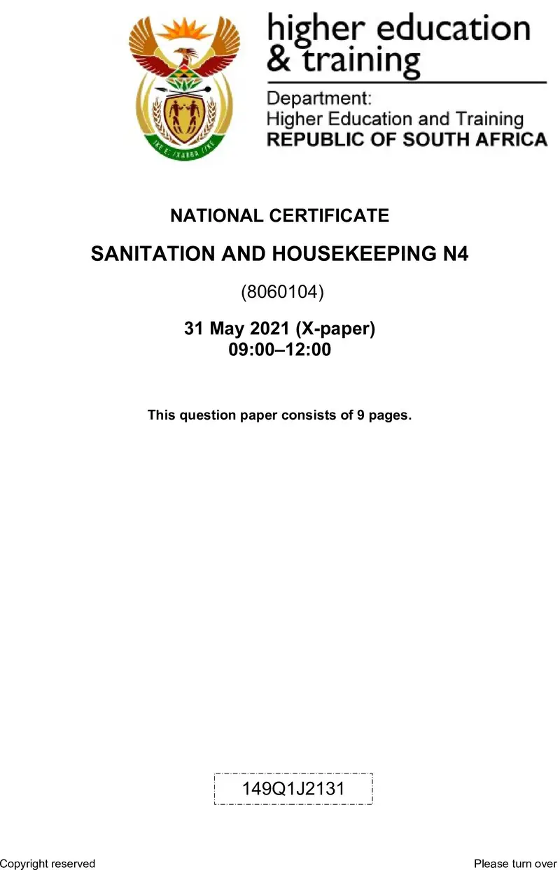 Sanitation And Housekeeping N4 QP June 2021
