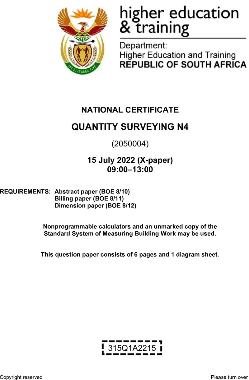T1440 Quantity Surveying N4 QP Aug 2022 preview