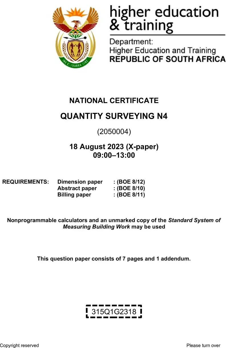 T1440 Quantity Surveying N4 QP Aug 2023 preview