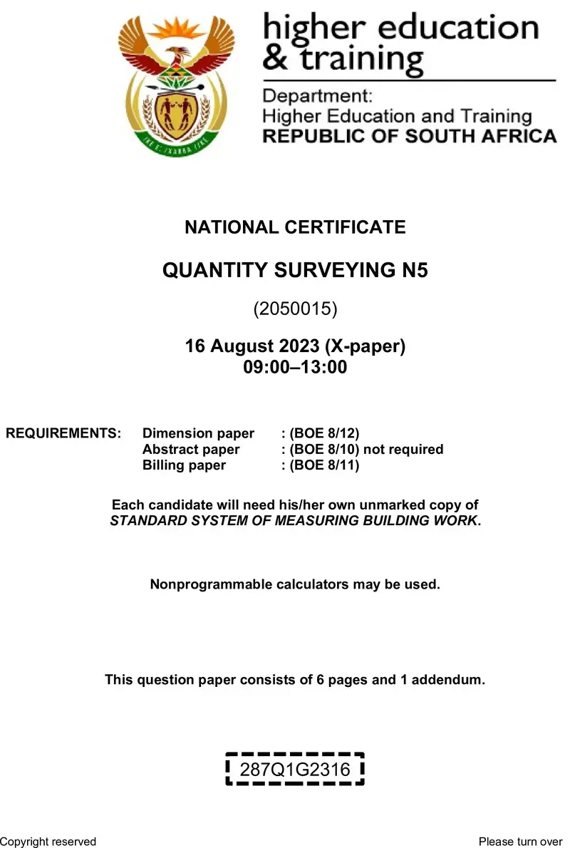 T1450 Quantity Surveying N5 Aug QP 2023