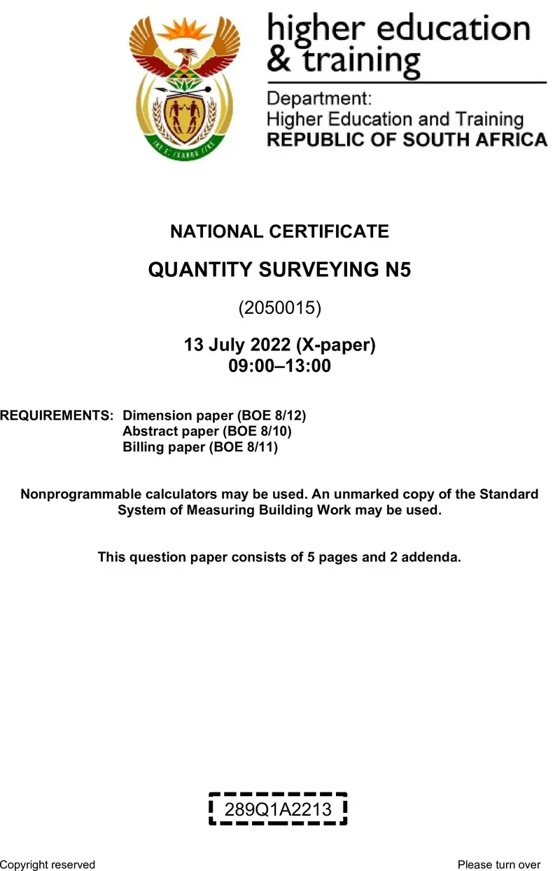 T1450 Quantity Surveying N5 QP Aug 2022