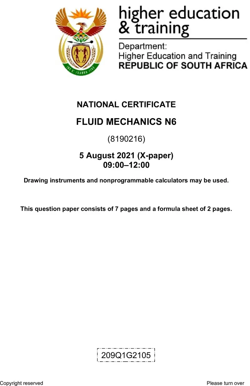 Fluid Mechanics N6 Aug QP 2021
