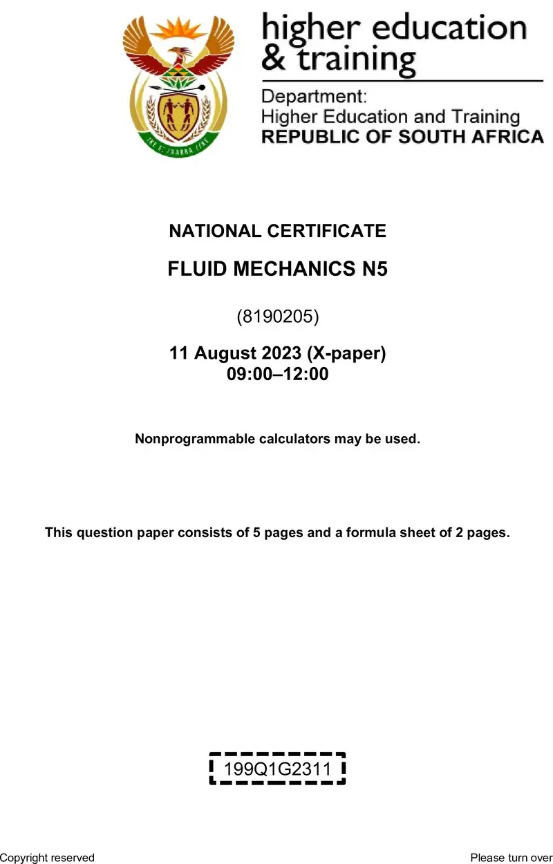 T710 Fluid Mechanics N5 Aug QP 2023 Ed