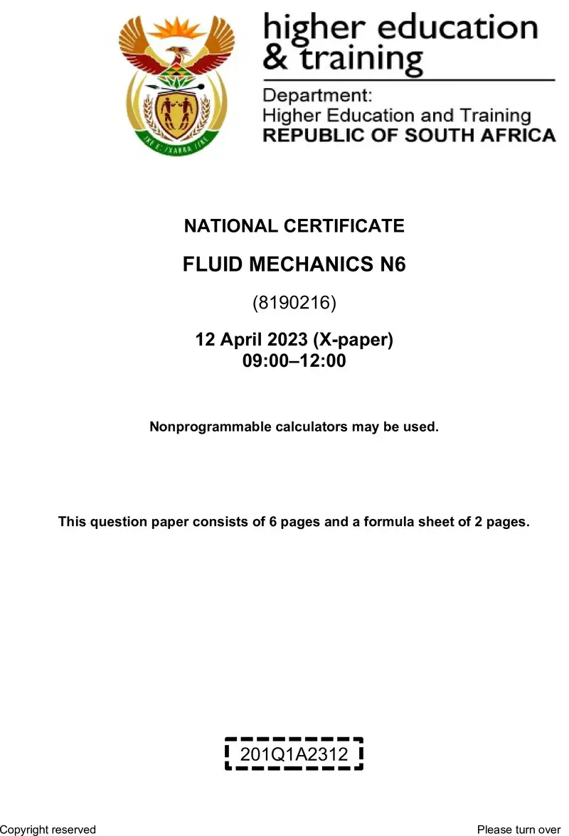 T720 Fluid Mechanics N6 QP April 2023
