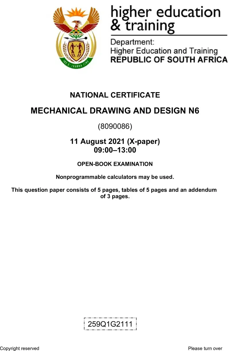 Mechanical Drawing And Design N6 QP Aug 2021