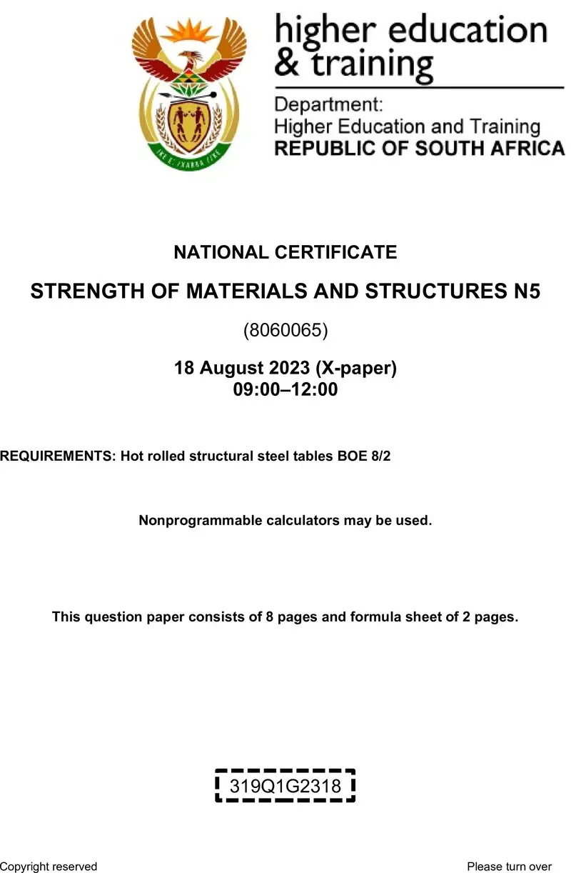 T1650 Strength Of Materials And Structures N5 Aug QP 2023