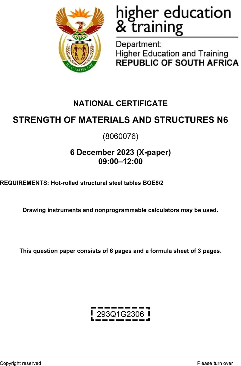 T1660 Strength Of Materials And Structures N6 Nov QP 2023 preview