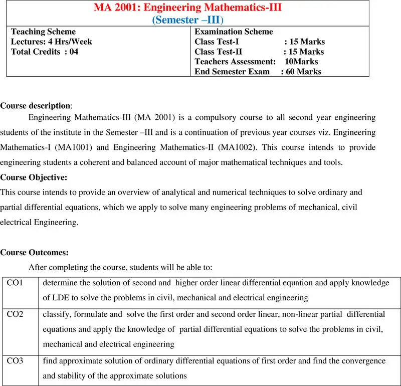 Syllabus Of Courses Offered By Mathematics Department