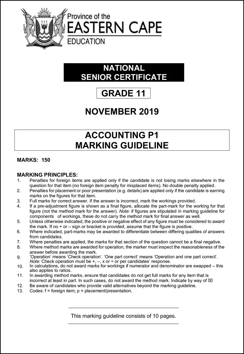 Grade 11 Accounting past paper 2019 – accounting p1 gr11 memo nov 2019 eng d