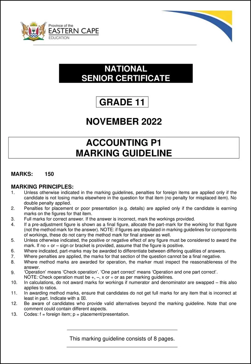 Grade 11 Accounting past paper 2022 – accounting p1 gr11 memo november 2022 eng