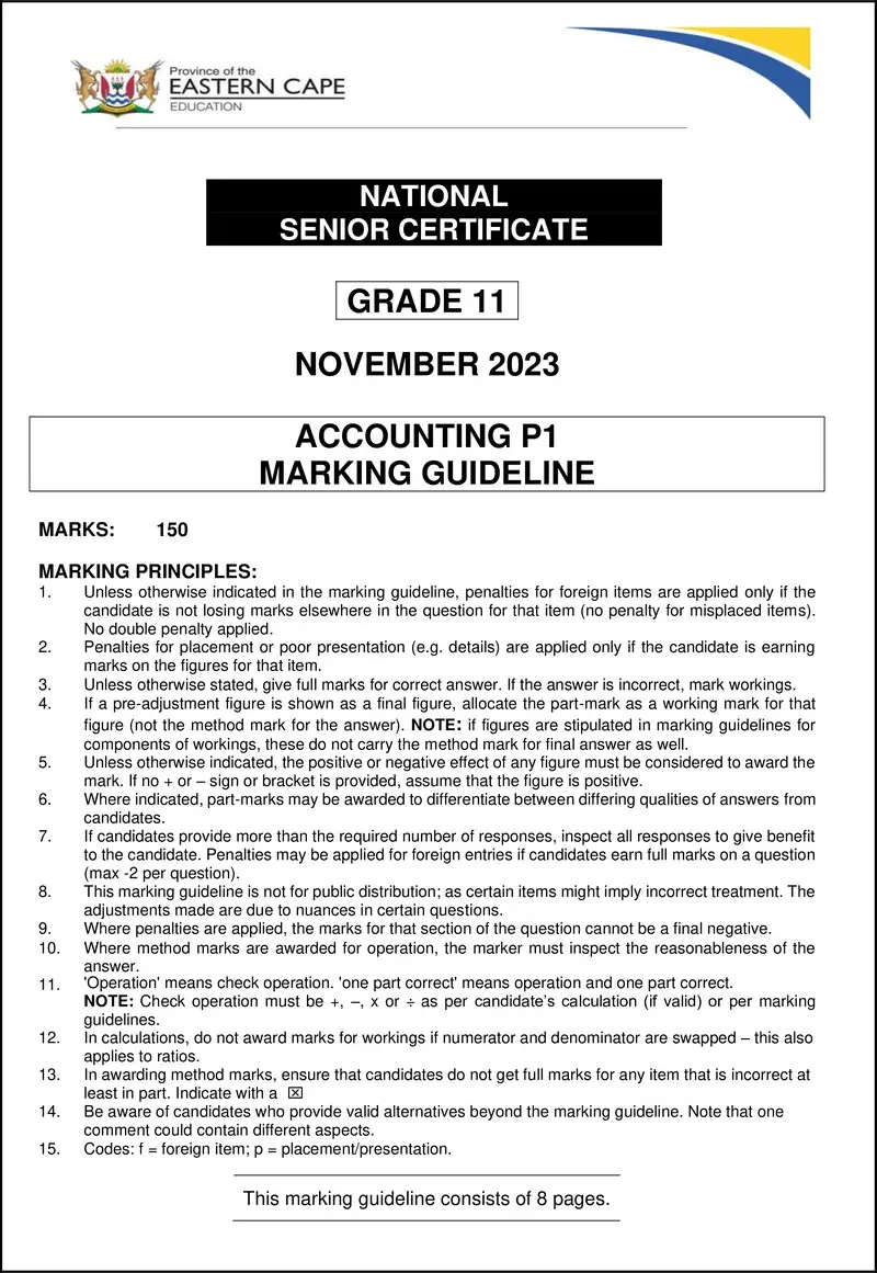 Grade 11 Accounting past paper 2023 – accounting p1 gr11 memo november 2023 eng