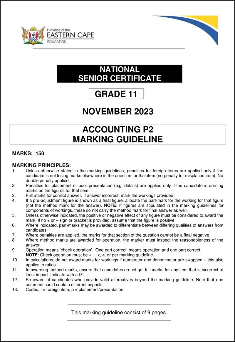Grade 11 Accounting past paper 2023 – accounting p2 gr11 memo nov2023 eng