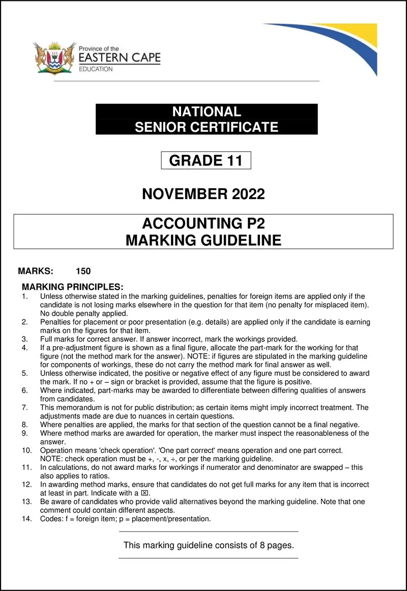 Grade 11 Accounting past paper 2022 – accounting p2 memo gr11 nov2022 eng