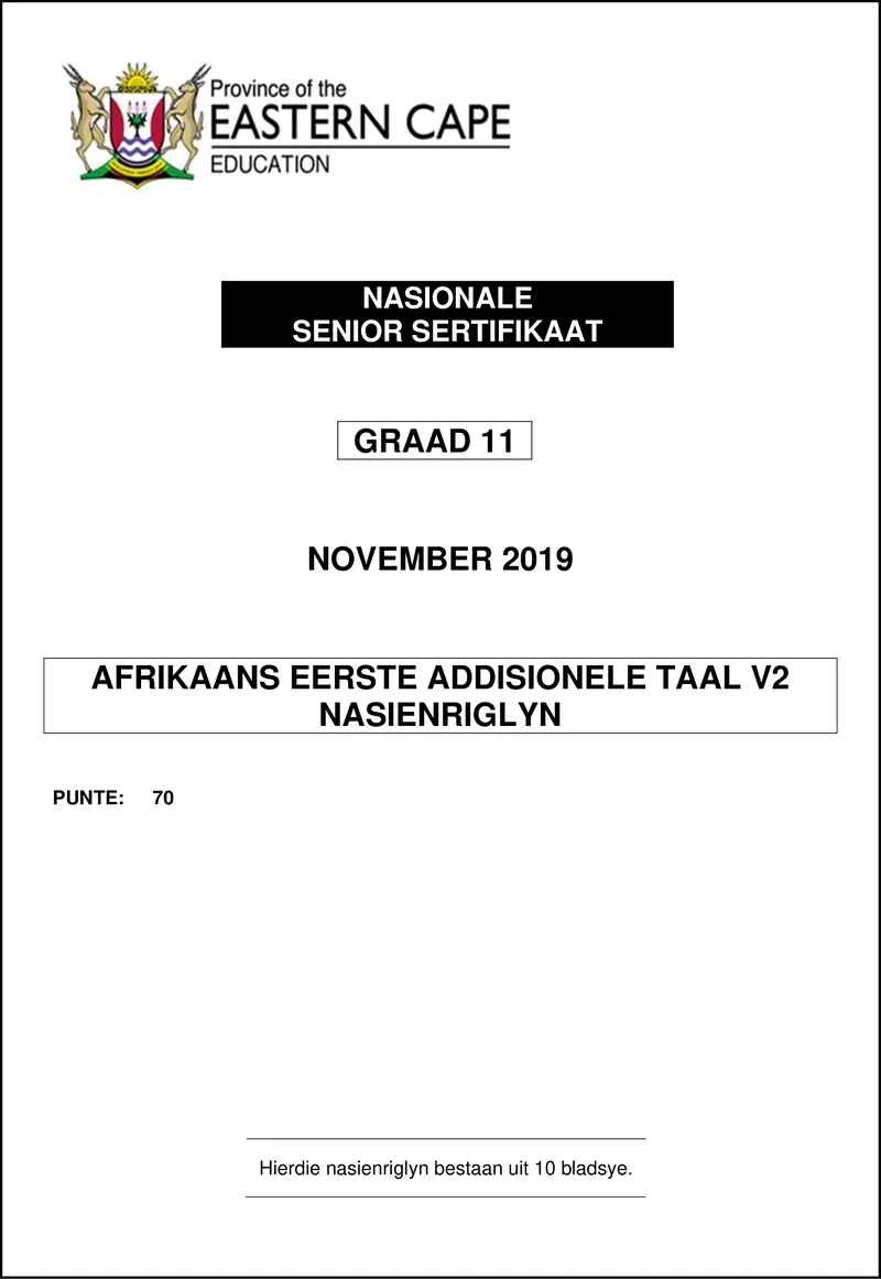 Grade 11 Afrikaans past paper 2019 – afrfal p2 gr11 memo nov 2019