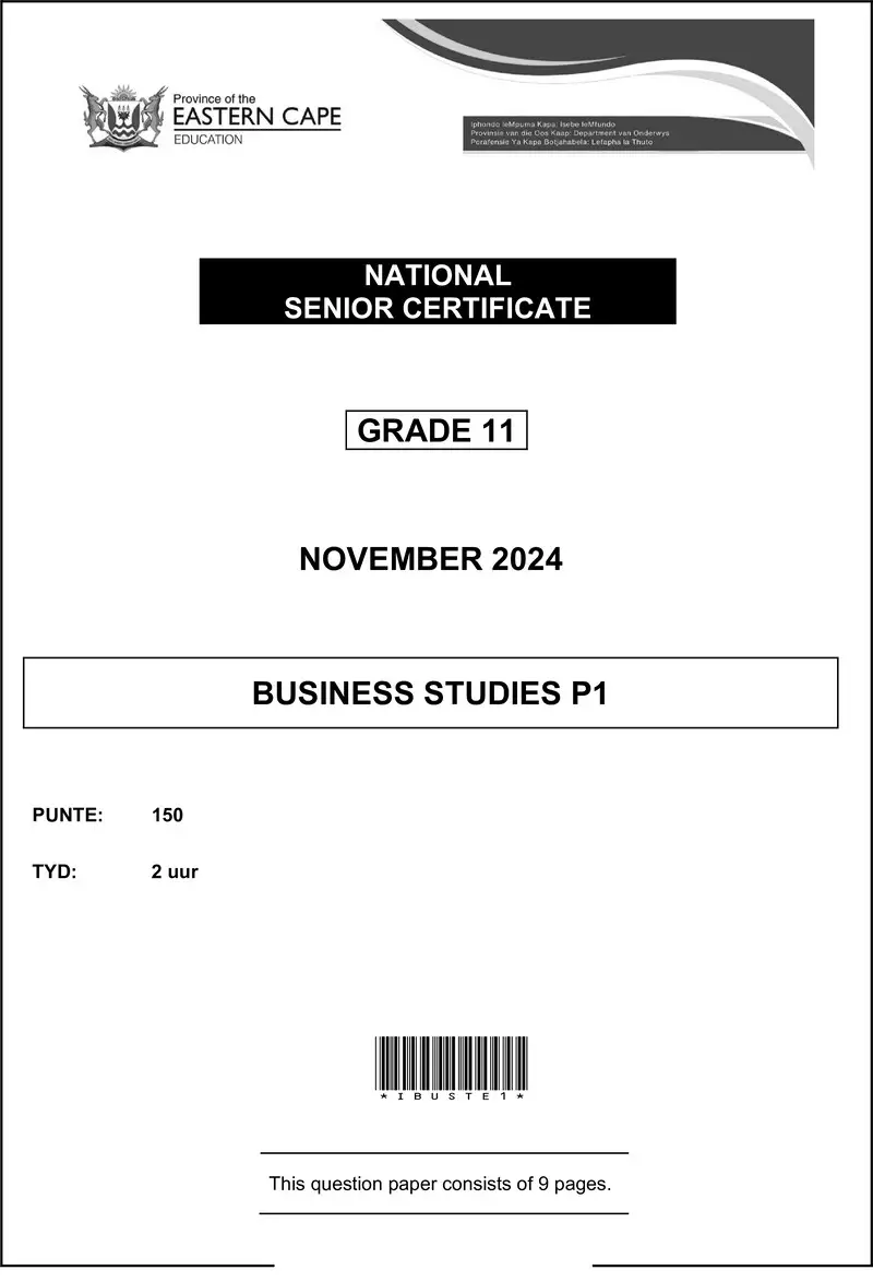 Business Studies P1 Grade 11 Nov Final Eng D