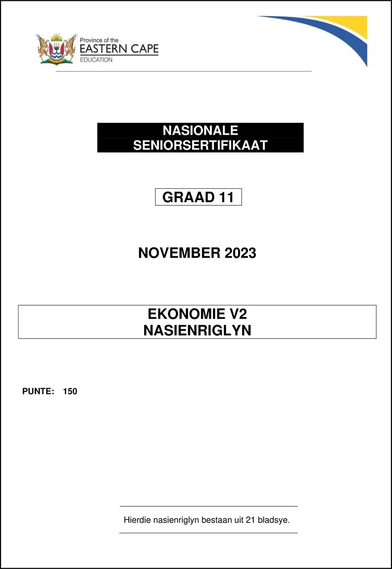 Grade 11 Ekonomie past paper 2023 – economic p2 gr11 memo nov2023 afr