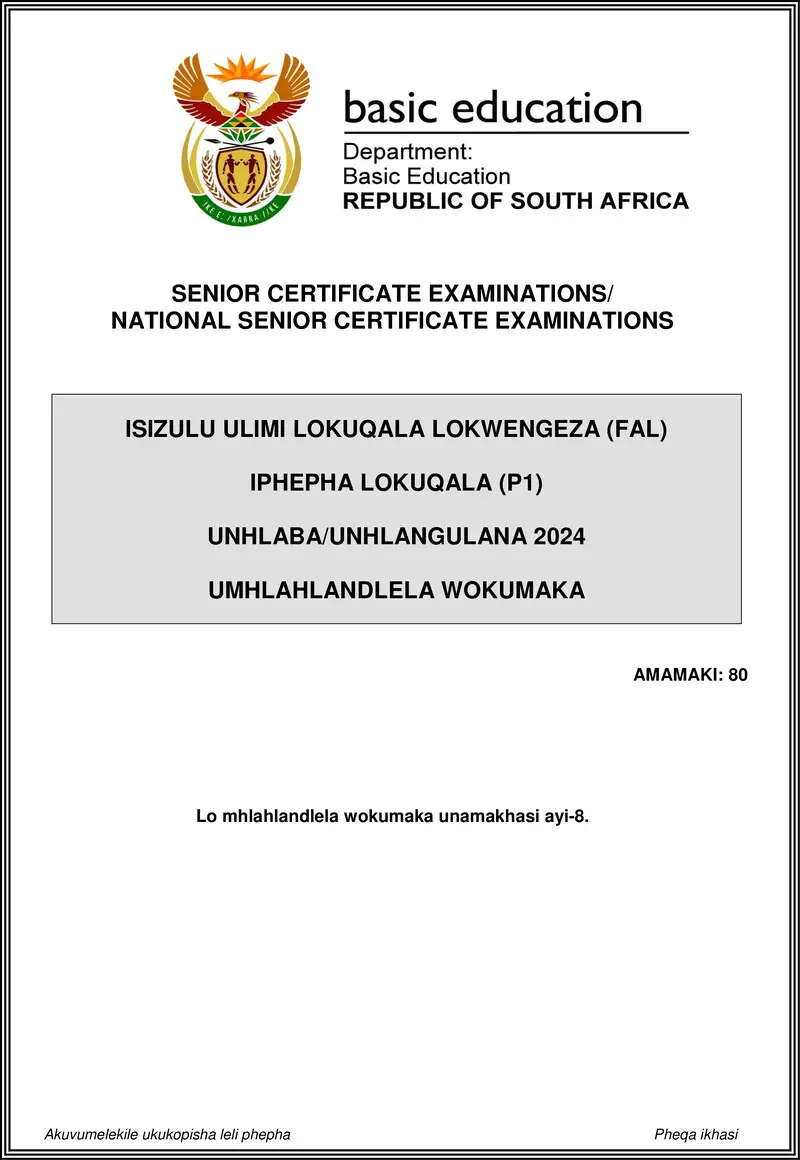 Isizulu Fal P1 May June 2024 Mg