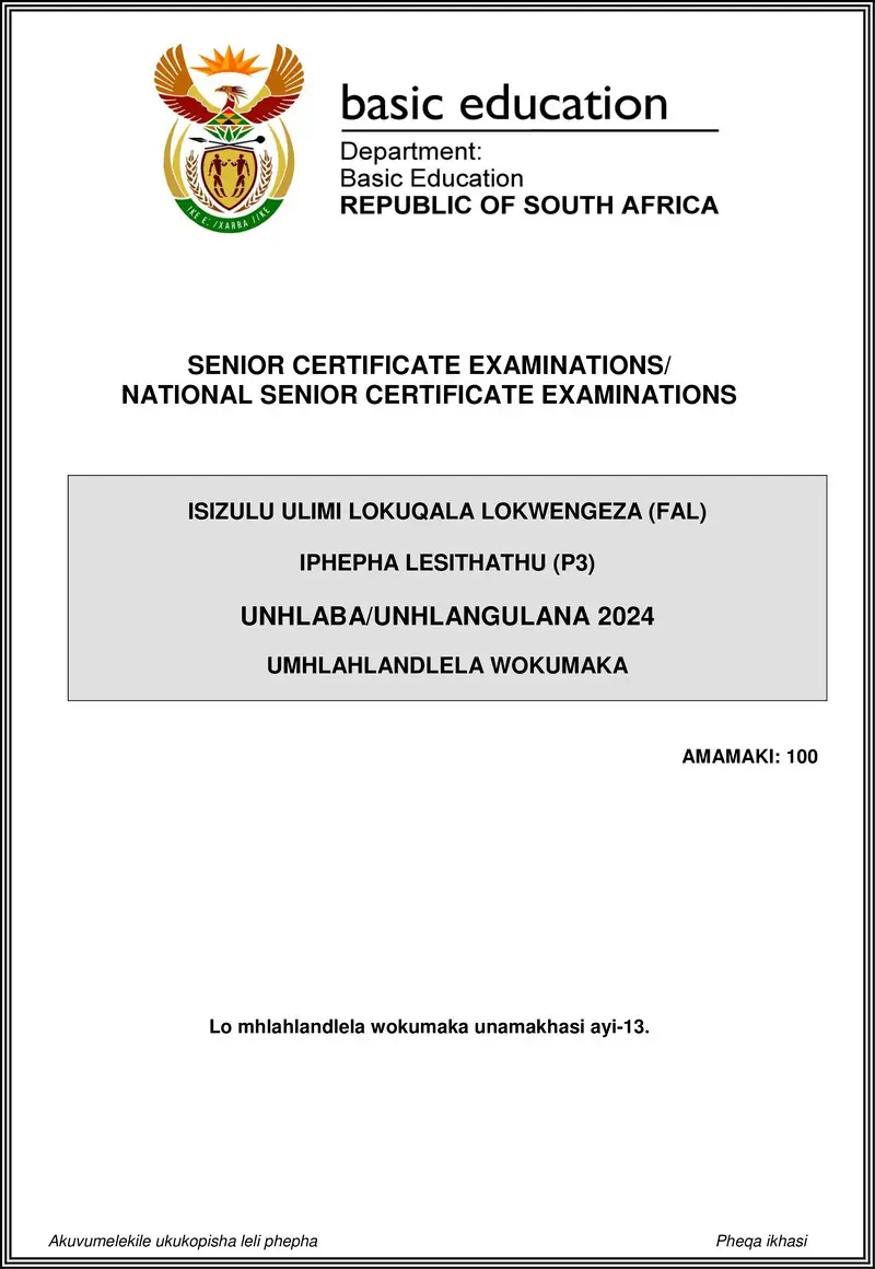 Isizulu Fal P3 May June 2024 Mg