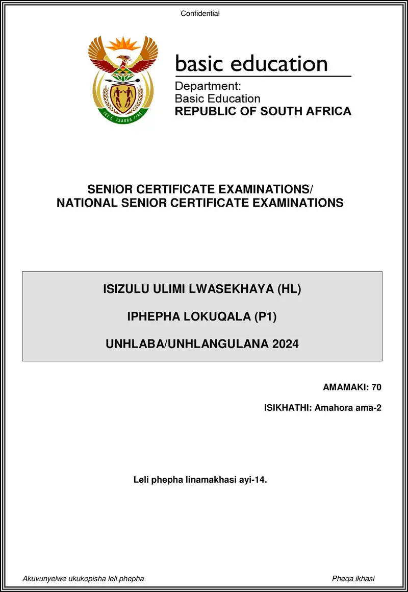 Isizulu Hl P1 May June 2024