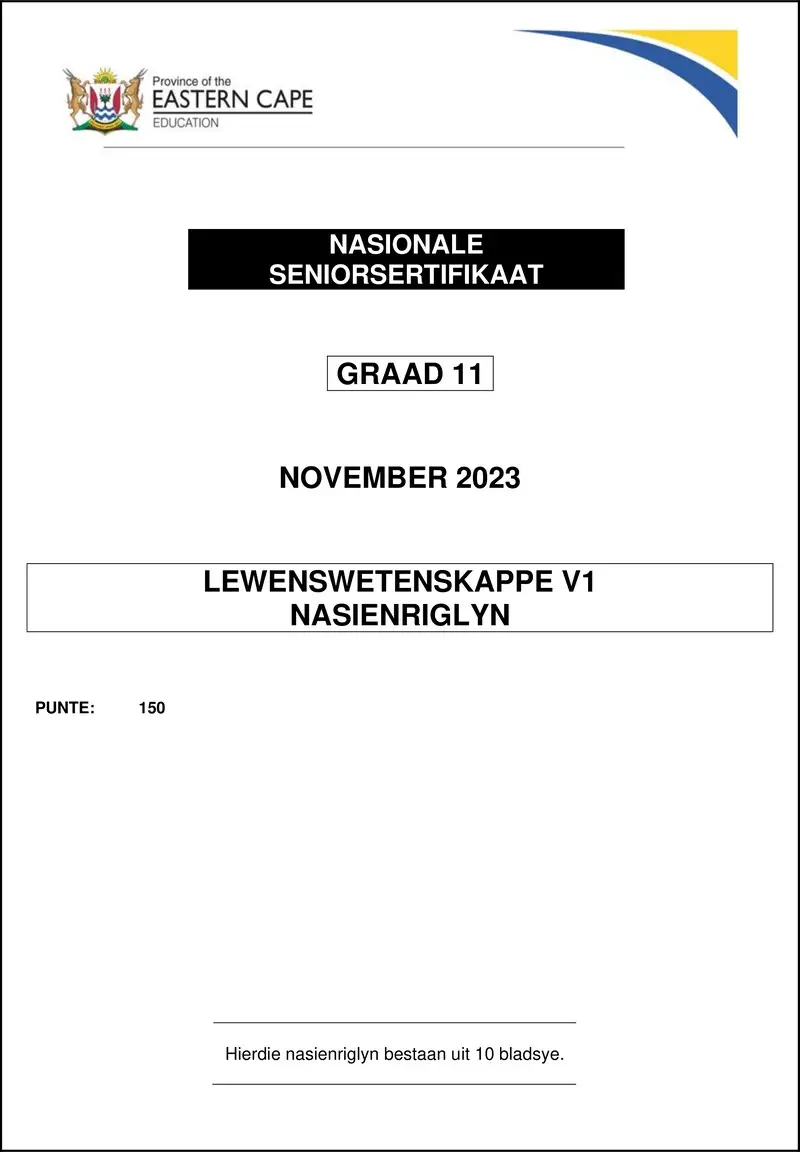 Grade 11 Life Sciences past paper 2023 – life sciences p1 memo gr11 nov2023 afr