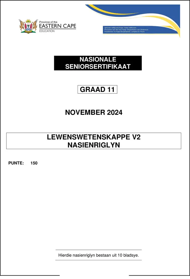 Grade 11 Life Sciences past paper 2024 – life sciences p2 gr 11 memo nov2024 afr