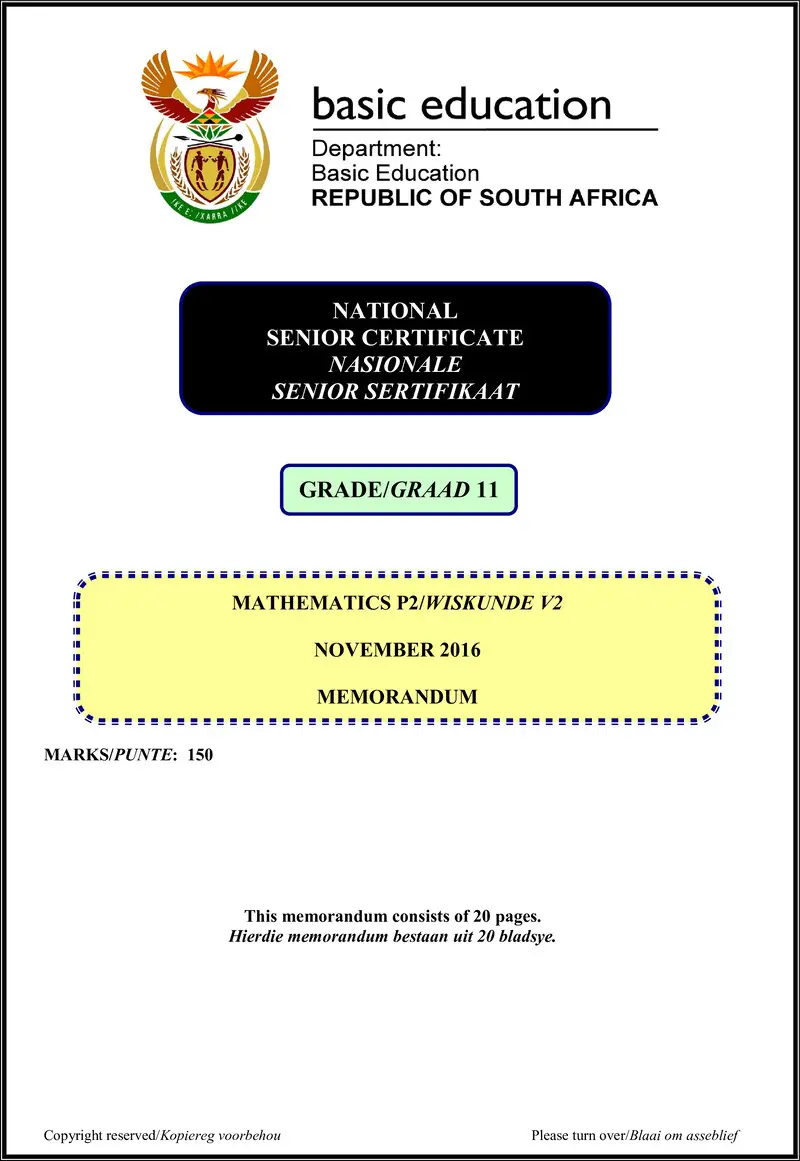 Grade 11 Mathematics past paper 2016 – mathematics p2 grade 11 nov 2016 eng afr memo