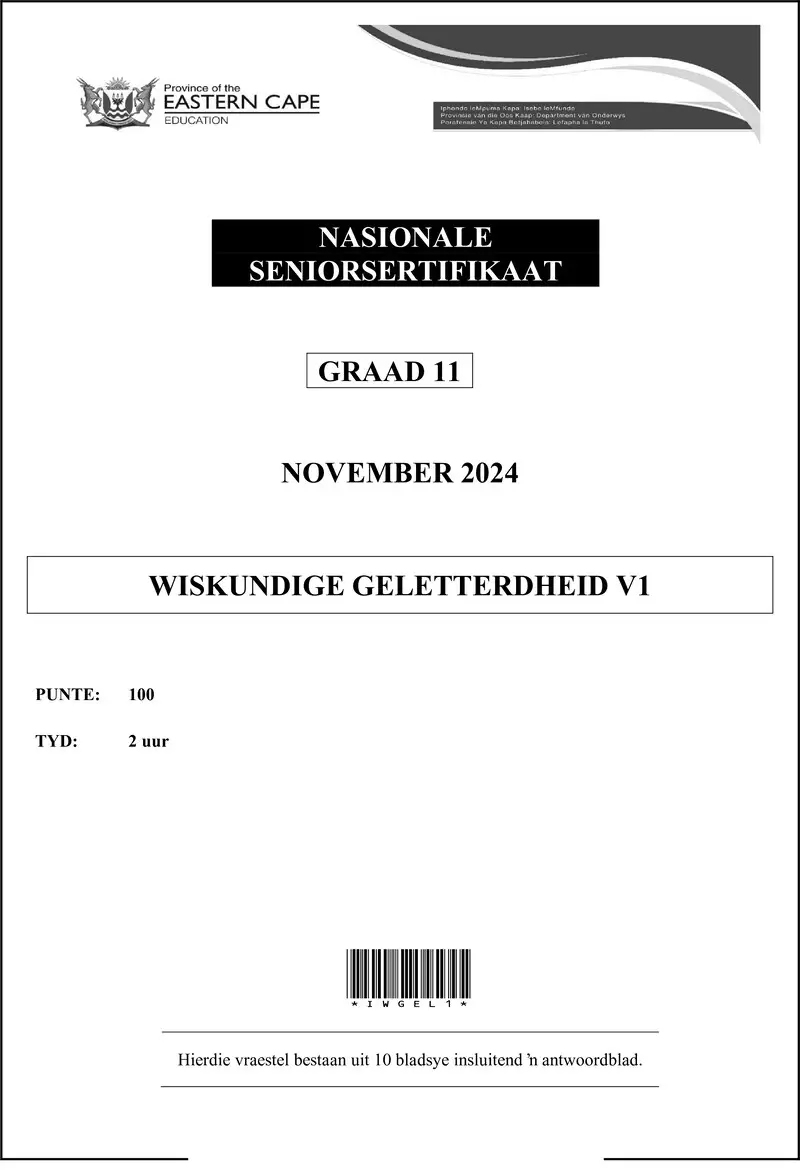 Grade 11 Wiskundige Geletterdheid past paper 2024 – maths lit p1 gr11 qp nov 2024 afr dd