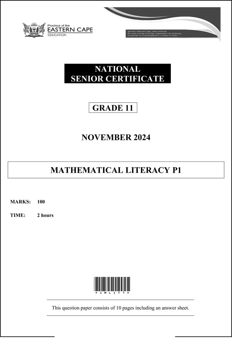 Grade 11 Mathematical Literacy past paper 2024 – maths lit p1 gr11 qp nov 2024 eng dd