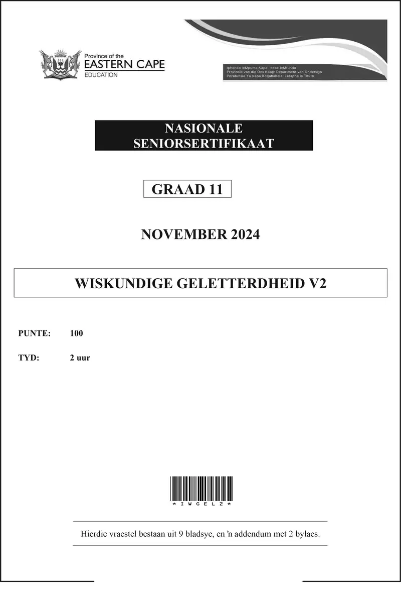 Grade 11 Wiskundige Geletterdheid past paper 2024 – maths lit p2 grade 11 nov 2024 afr d