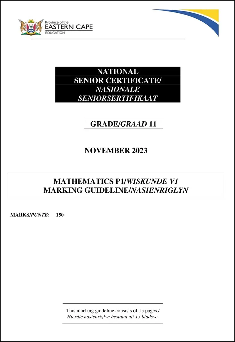 Grade 11 Mathematics past paper 2023 – maths p1 gr11 memo nov 2023 eng afr