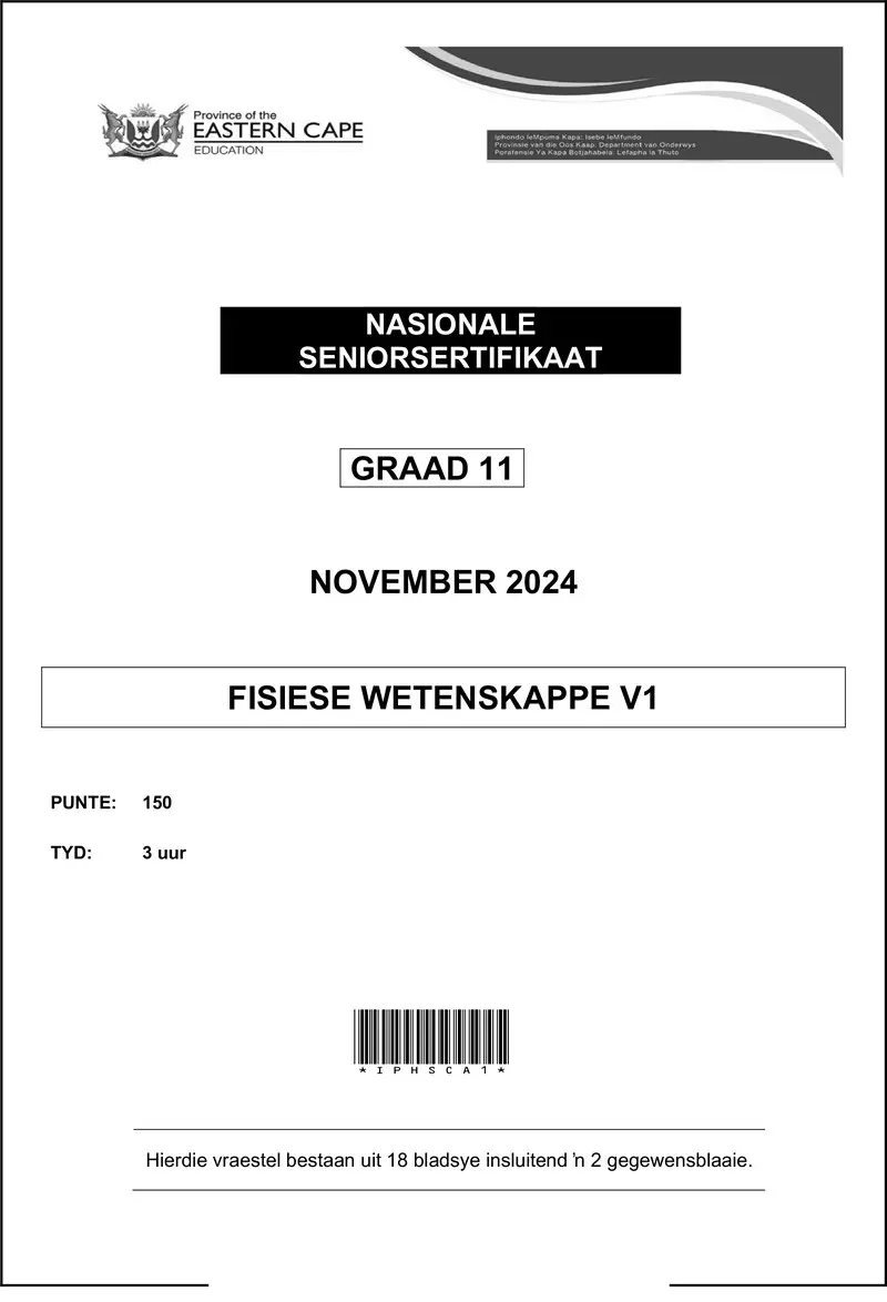 Grade 11 Fisiese Wetenskappe past paper 2024 – phys sciences p1 qp gr11 nov 2024 afr d