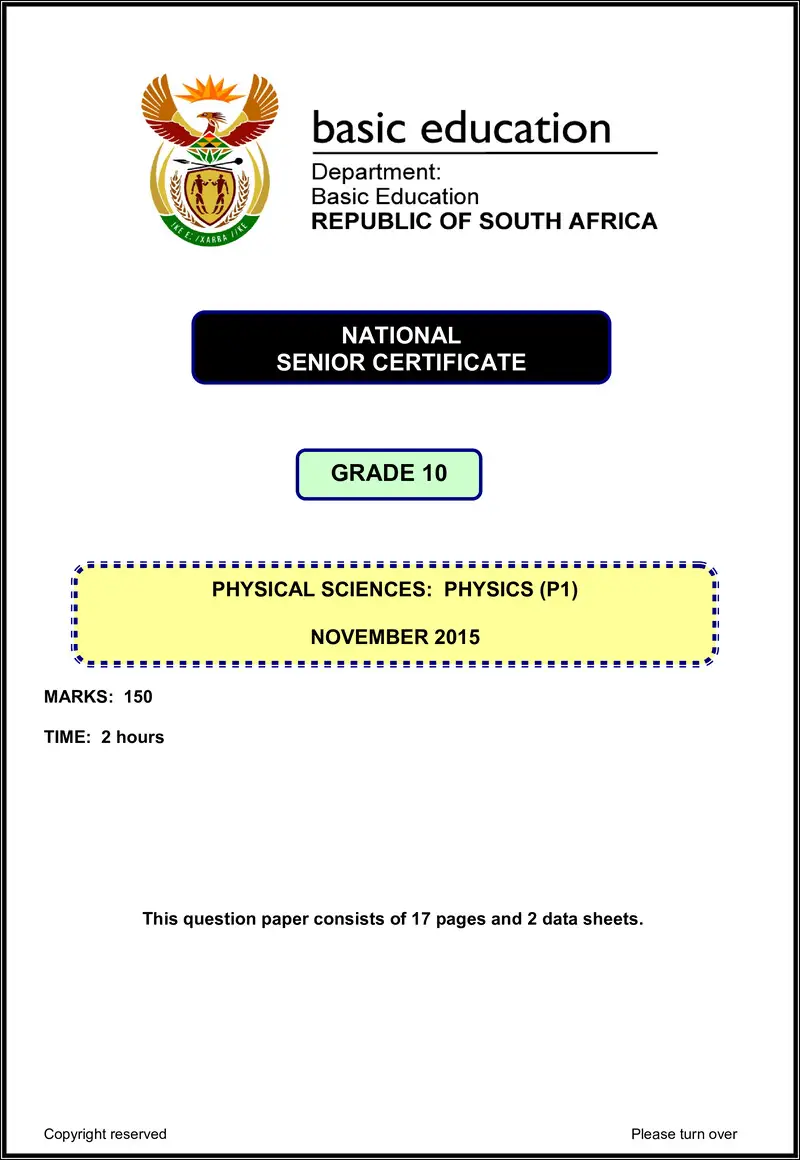 Grade 10 Physical Sciences past paper 2015 – physical sciences p1 grade 10 nov 2015 eng