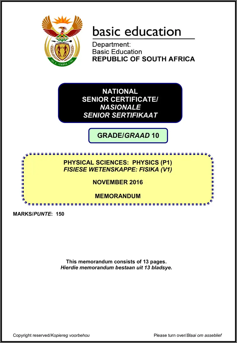 Physical Sciences P1 Grade 10 Nov 2016 Eng Afr Memo
