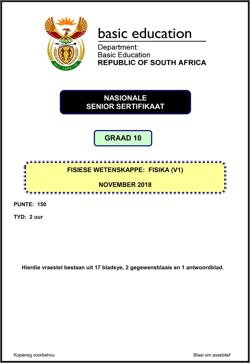 Grade 10 Physical Sciences past paper 2018 – physical sciences p1 grade 10 nov 2018 afr