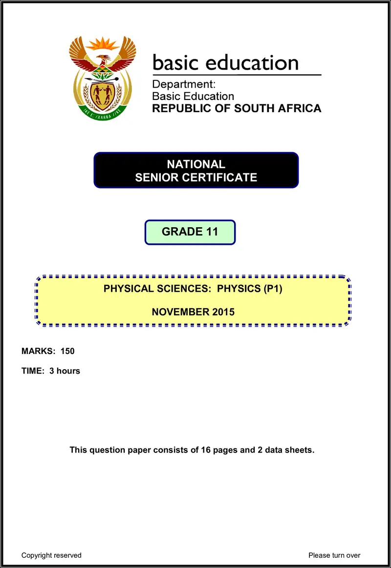 Grade 11 Physical Sciences past paper 2015 – physical sciences p1 grade 11 nov 2015 eng