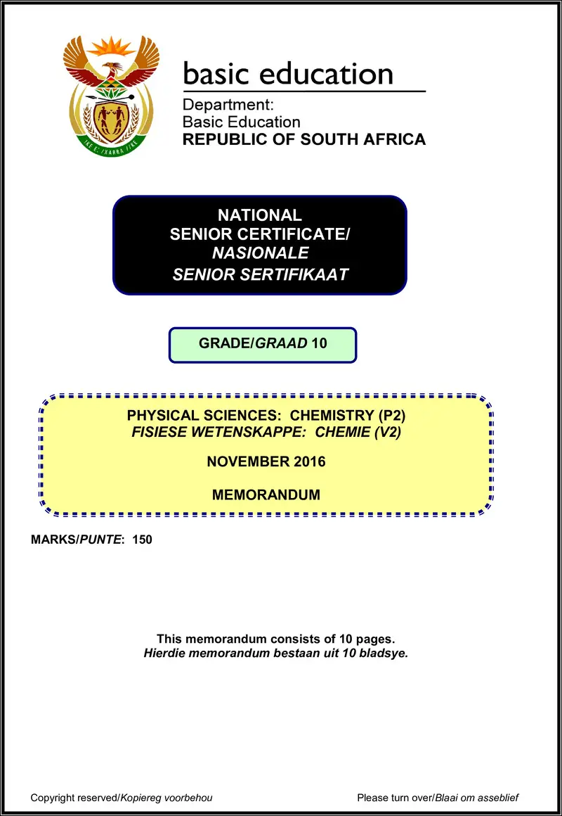 Physical Sciences P2 Grade 10 Nov 2016 Eng Afr Memo