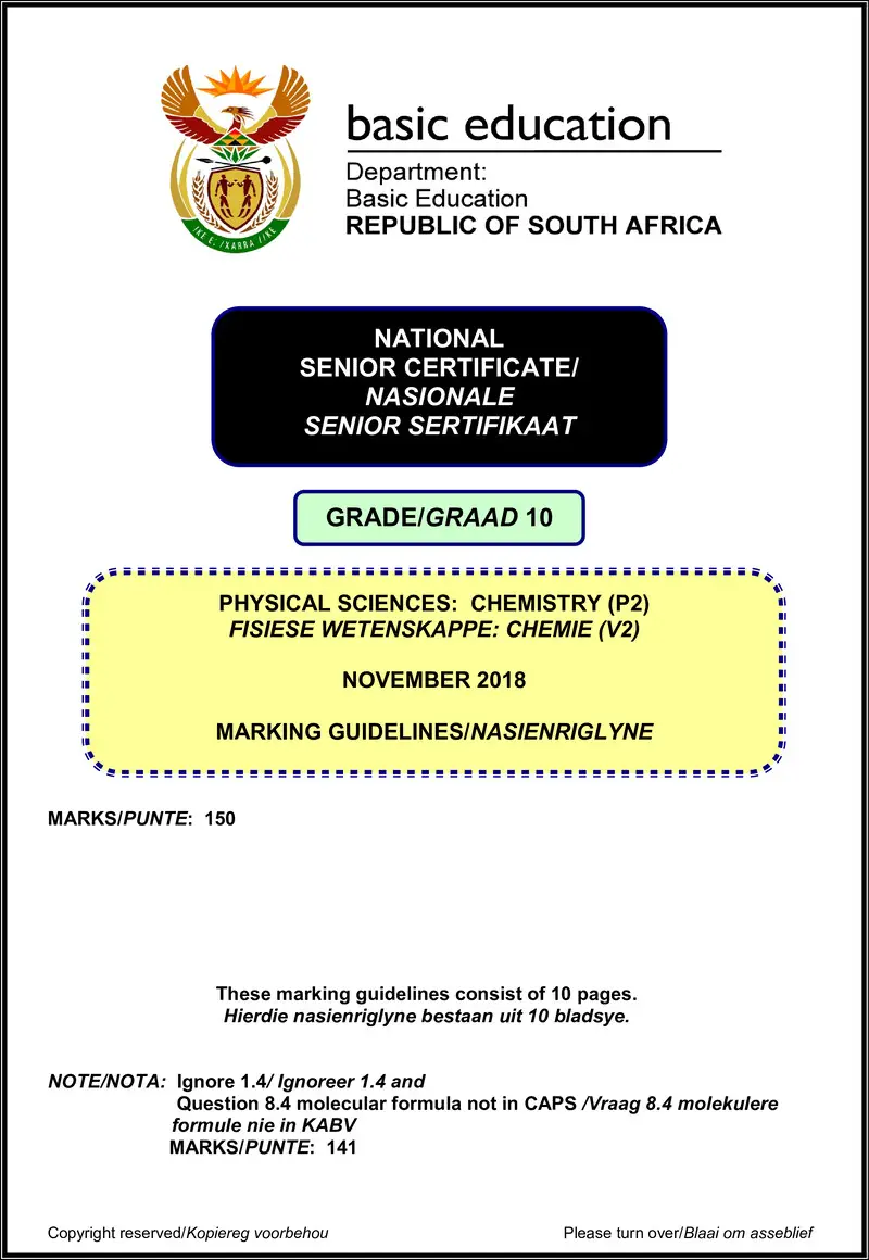 Grade 10 Physical Sciences past paper 2018 – physical sciences p2 grade 10 nov 2018 memo afr eng
