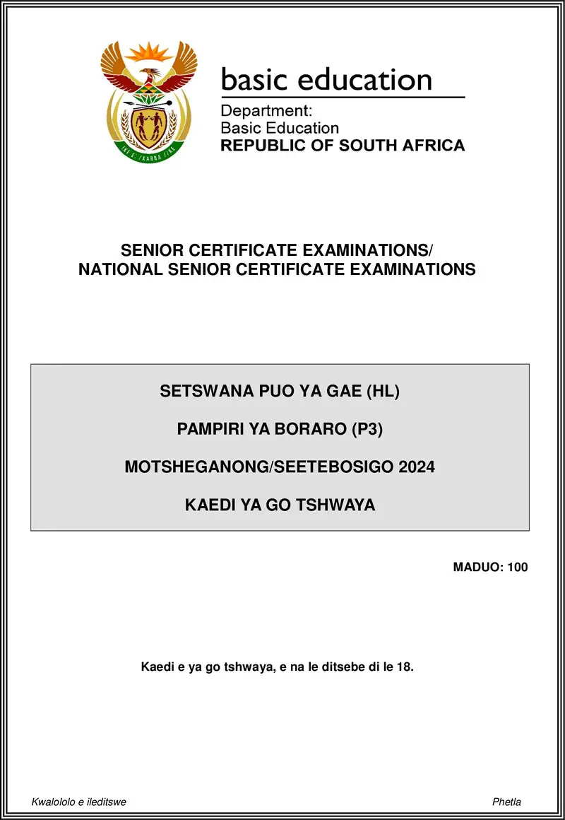 Setswana Hl P3 May June 2024 Mg