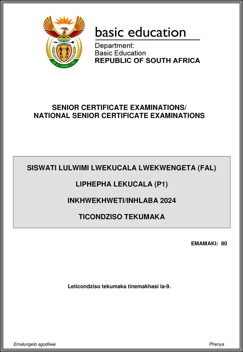 Siswati Fal P1 May June 2024 Mg
