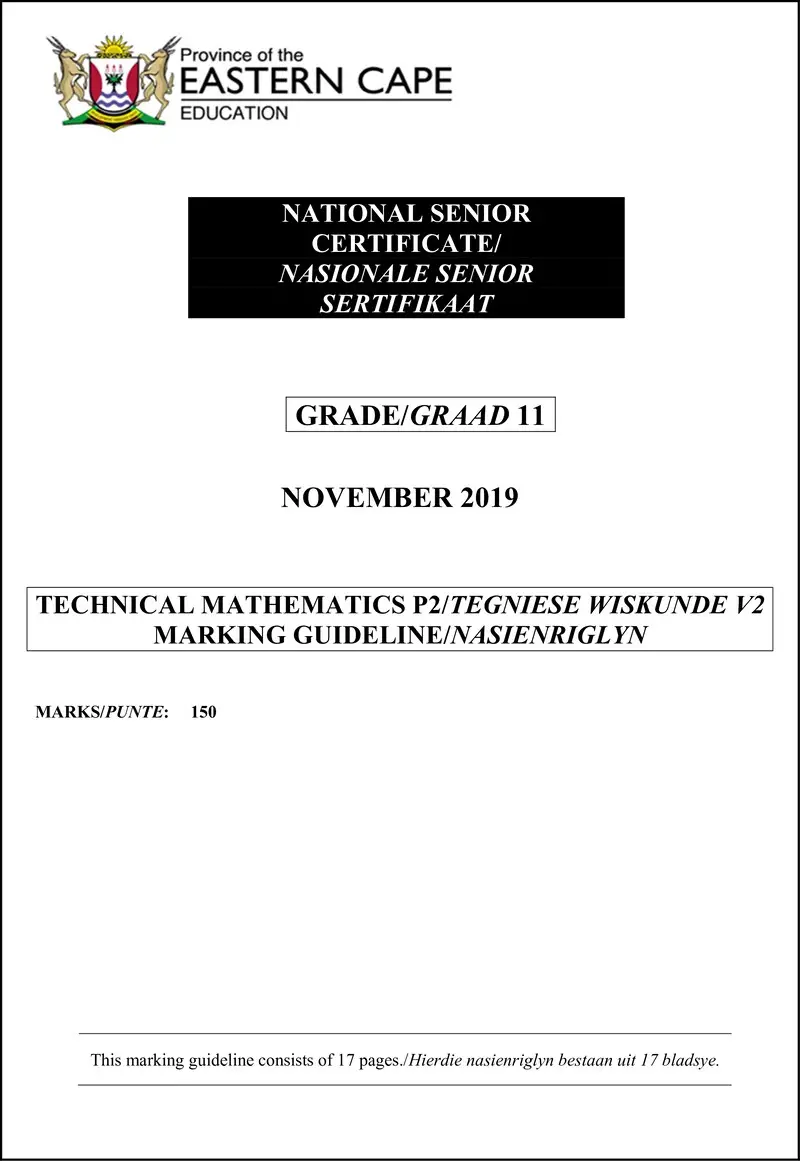 Grade 11 Mathematics past paper 2019 – tech maths p2 gr11 p2 memo nov2019 a e