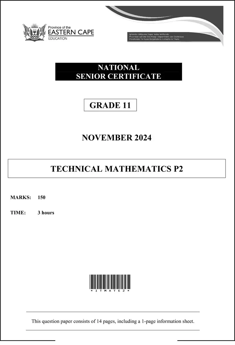 Grade 11 Mathematics past paper 2024 – tech maths p2 nov 2024 eng d
