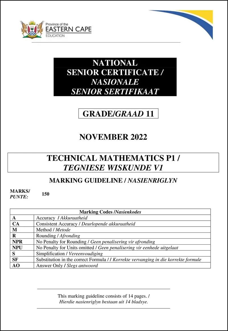 Technical Math P1 Gr11 Memo Nov2022 Afrikaans English