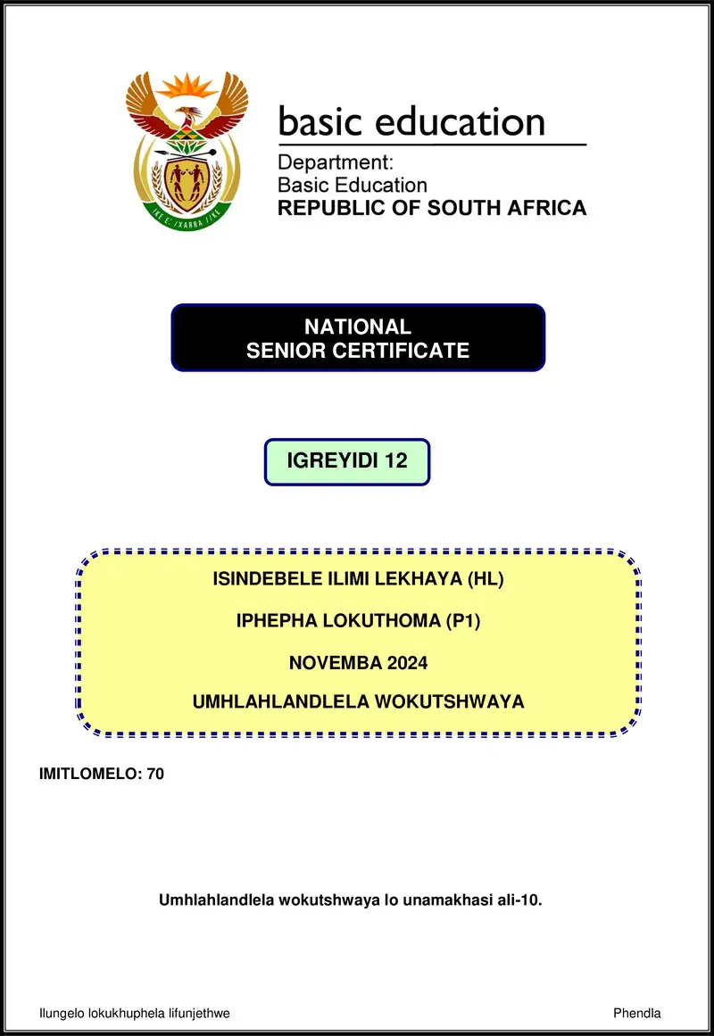 Grade 12 isiNdebele past paper 2024 – isindebele hl p1 nov 2024 mg gr12