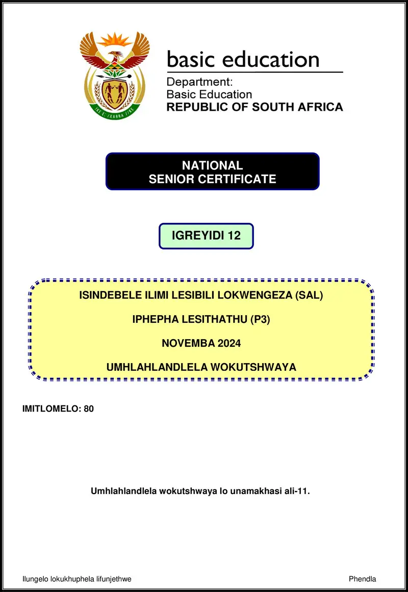 Grade 12 isiNdebele past paper 2024 – isindebele sal p3 nov 2024 mg gr12