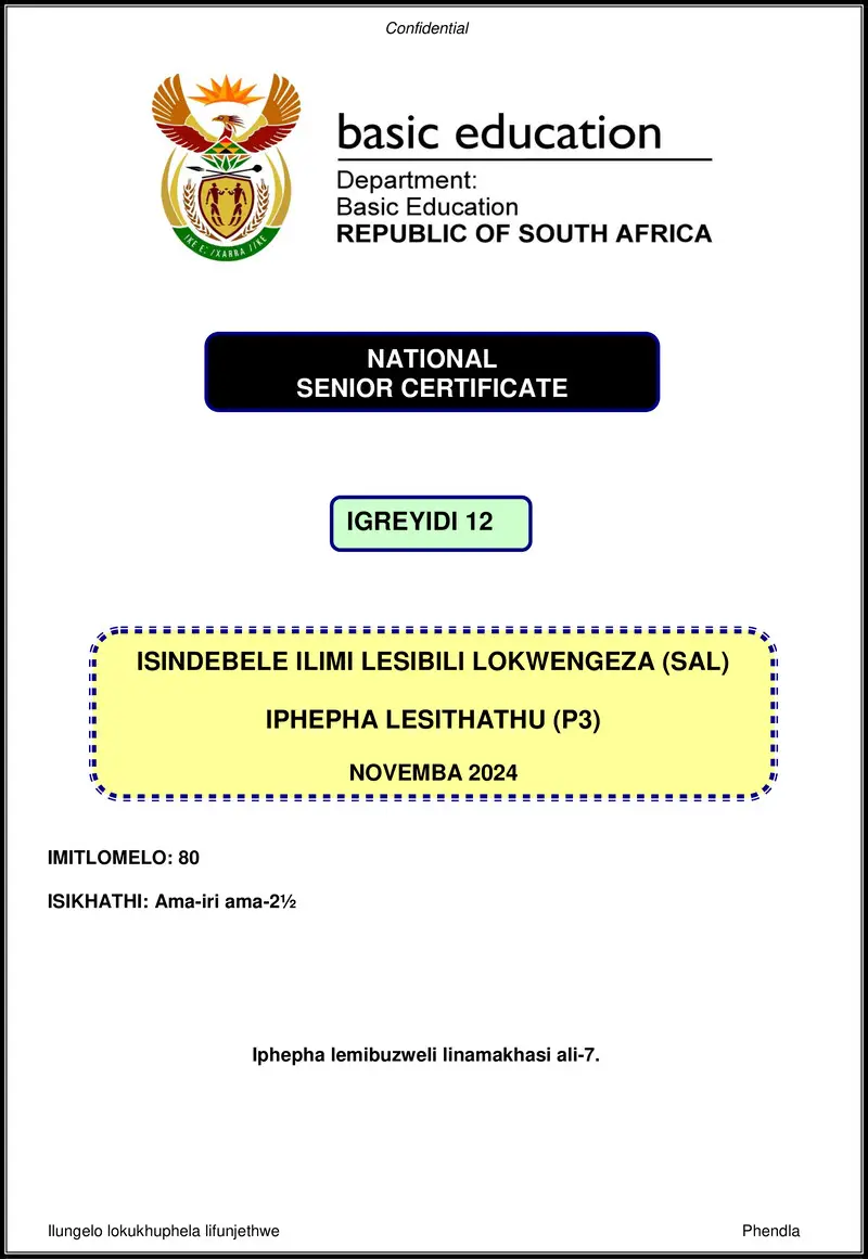 Isindebele Sal P3 Nov 2024 Gr12