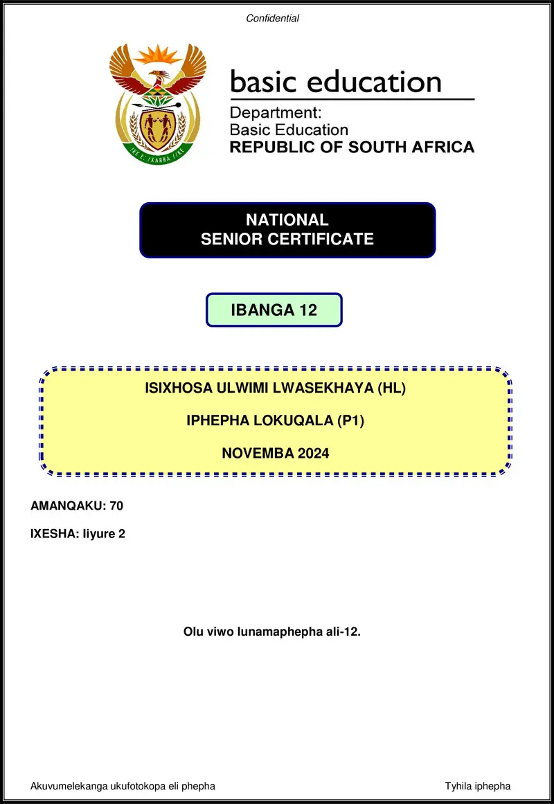 Isixhosa Hl P1 Nov 2024 Gr12