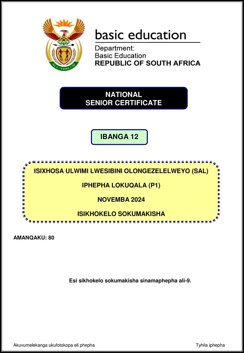 Grade 12 isiXhosa past paper 2024 – isixhosa sal p1 nov 2024 mg gr12